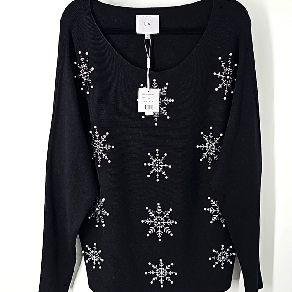 LIV Milano Black Knit Sweater w Crystal Pearl Snowflakes Vneck & Dolman‎ Sleeves